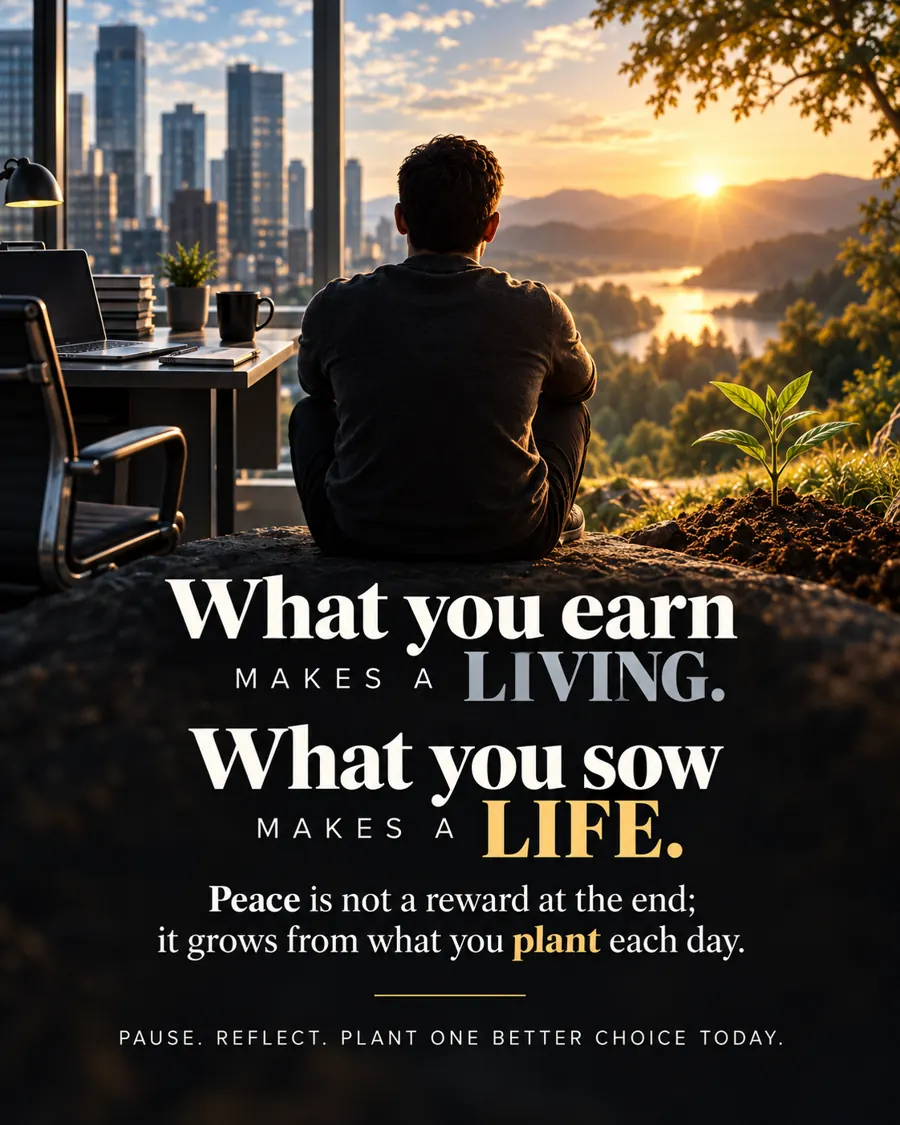 A person reflecting between everyday work and a growing landscape, with the words: What you earn makes a living. What you sow makes a life. Peace is not a reward at the end; it grows from what you plant each day.